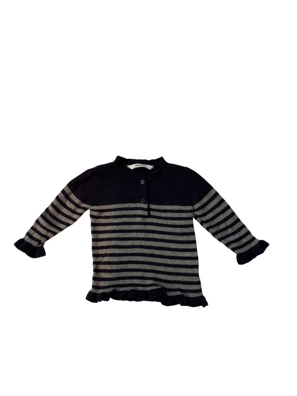 3 Pommes Girls Soft Knit Sweater 9-12 months Navy Gray Stripe LOVE Heart French